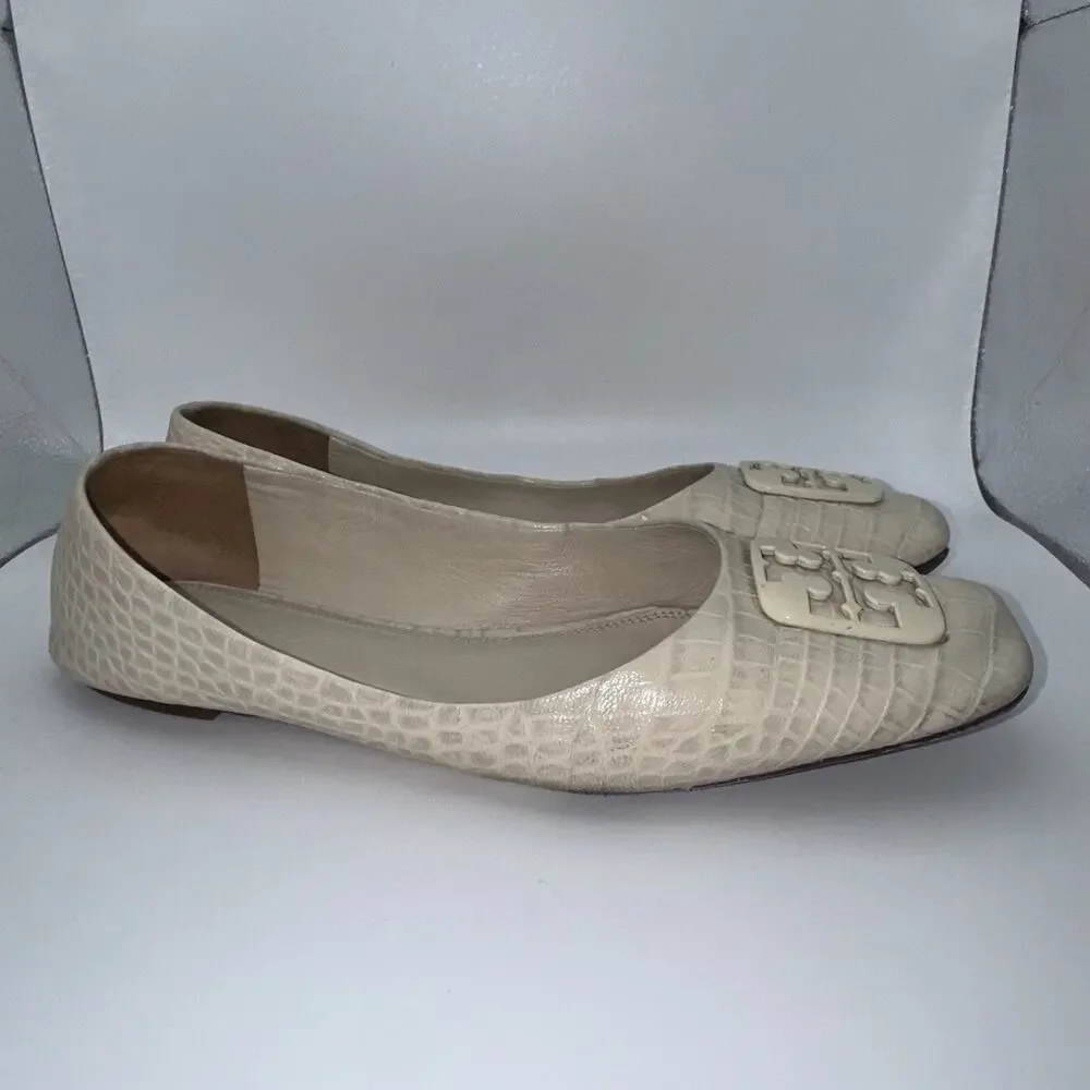 Tory Burch Georgia Ballet Flats Ivory Croc Embossed Logo Womens 10.5M